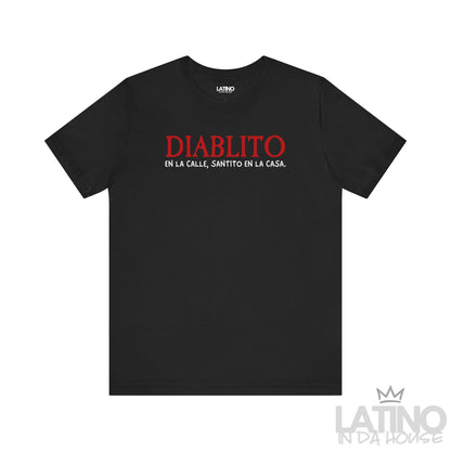 Diablito T-Shirt in Black – ‘En la calle, santito en la casa’ design by Latino In Da House