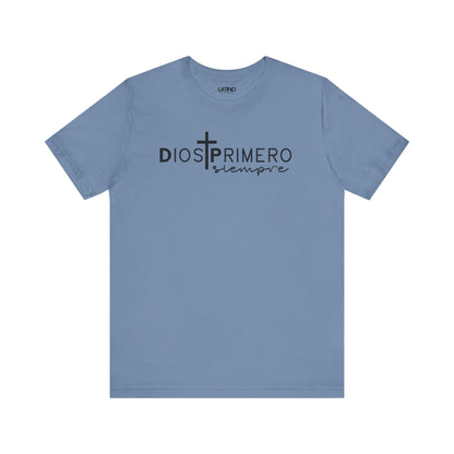 Dios Primero Siempre Cross Latino Faith Steel Blue T-Shirt. Latino In Da House