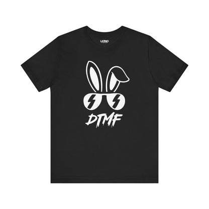 Black DTMF T-Shirt featuring bold bunny ears and lightning sunglasses design - Latino In Da House