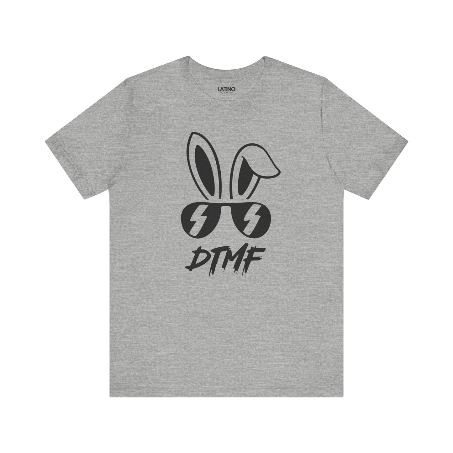 Heather Grey DTMF T-Shirt featuring bold bunny ears and lightning sunglasses design - Latino In Da House
