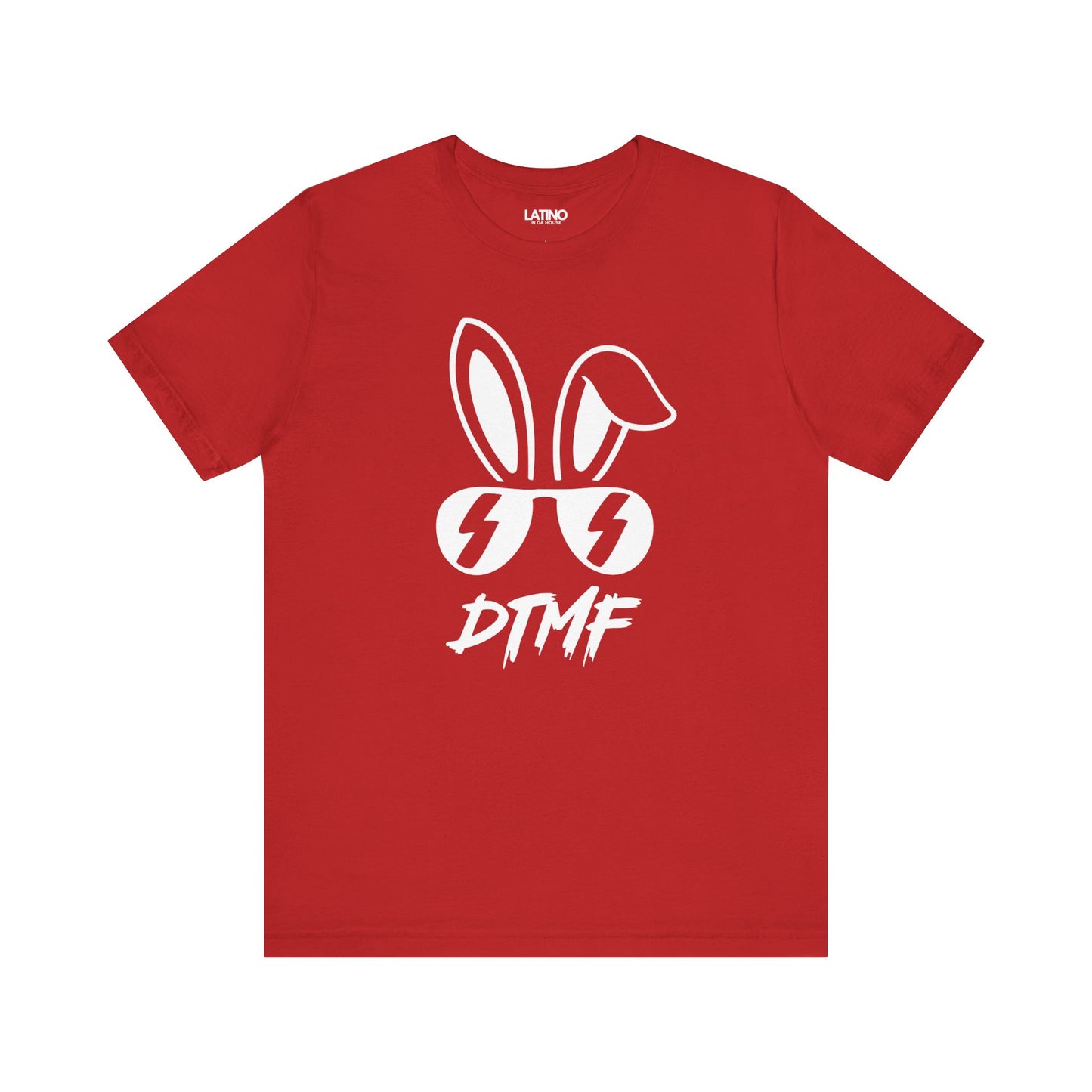 Red DTMF T-Shirt featuring bold bunny ears and lightning sunglasses design - Latino In Da House