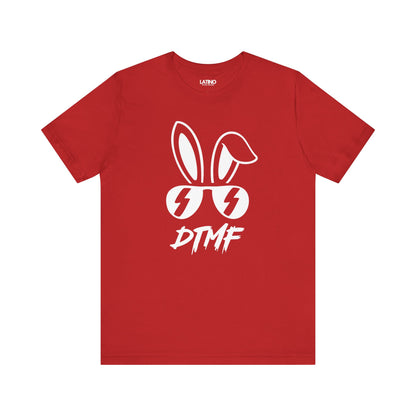 Red DTMF T-Shirt featuring bold bunny ears and lightning sunglasses design - Latino In Da House