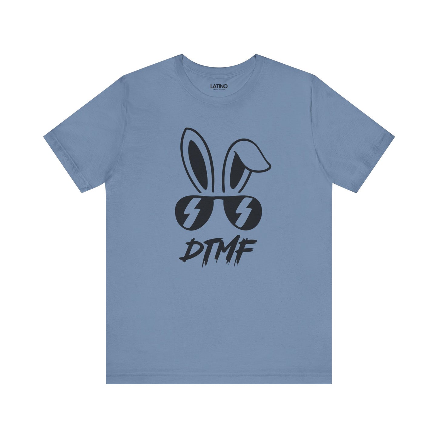 Steel Blue DTMF T-Shirt featuring bold bunny ears and lightning sunglasses design - Latino In Da House