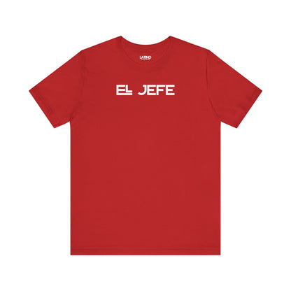 Jefe t-shirt in red with bold white lettering. Latino In Da House