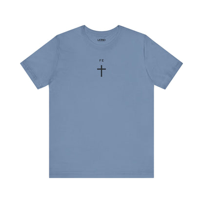 Fe Cross Faith Latino Steel Blue Minimalist Black T-Shirt. Latino In Da House 
