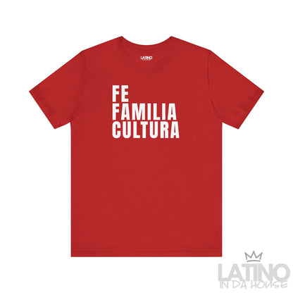Red “Fe Familia Cultura” T-Shirt – Latino Faith & Cultura Tee. Latino In Da House 