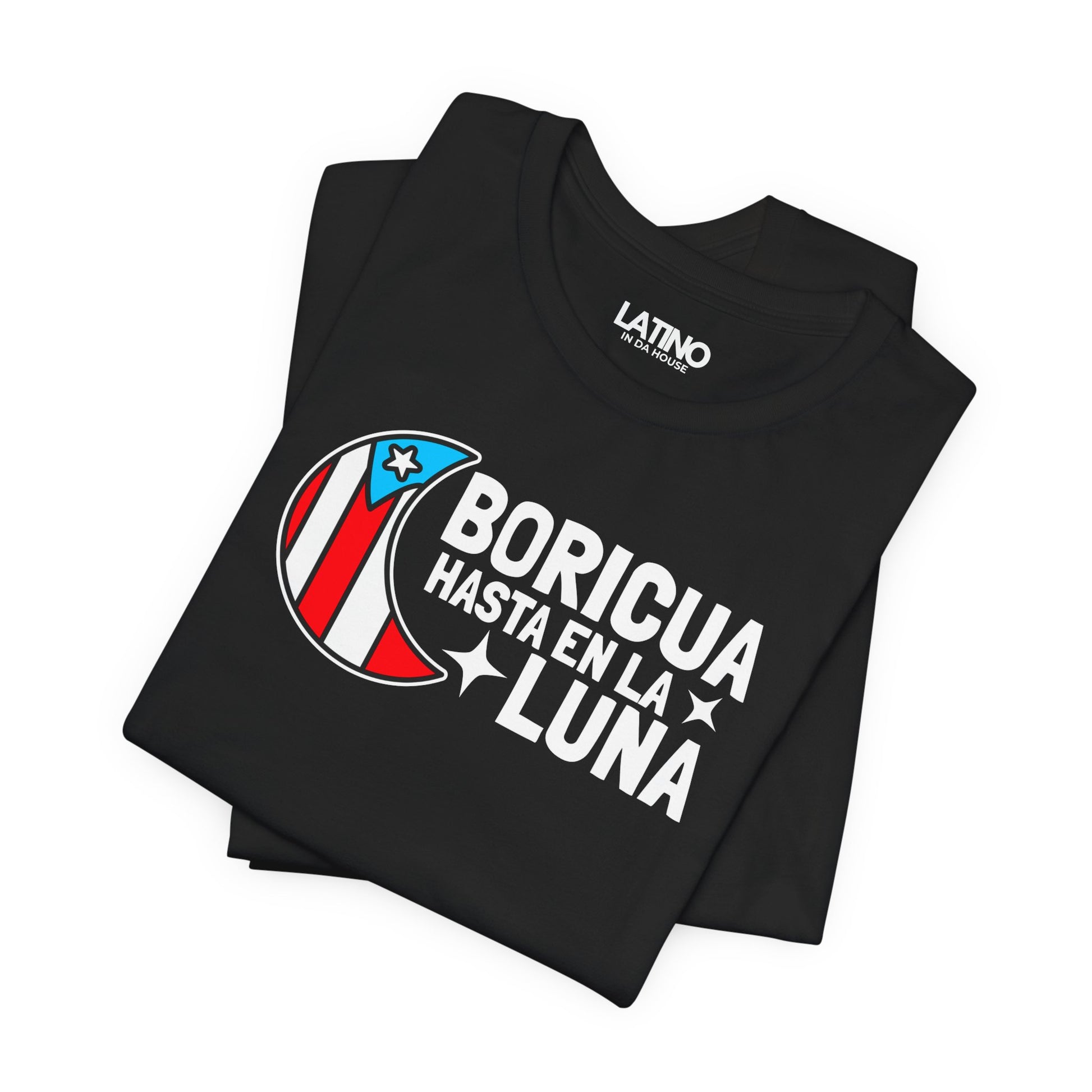 Folded Close-up of Boricua Hasta en la
Luna moon graphic with Puerto Rican flag colors. Latino In Da House