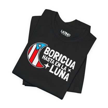 Folded Close-up of Boricua Hasta en la
Luna moon graphic with Puerto Rican flag colors. Latino In Da House