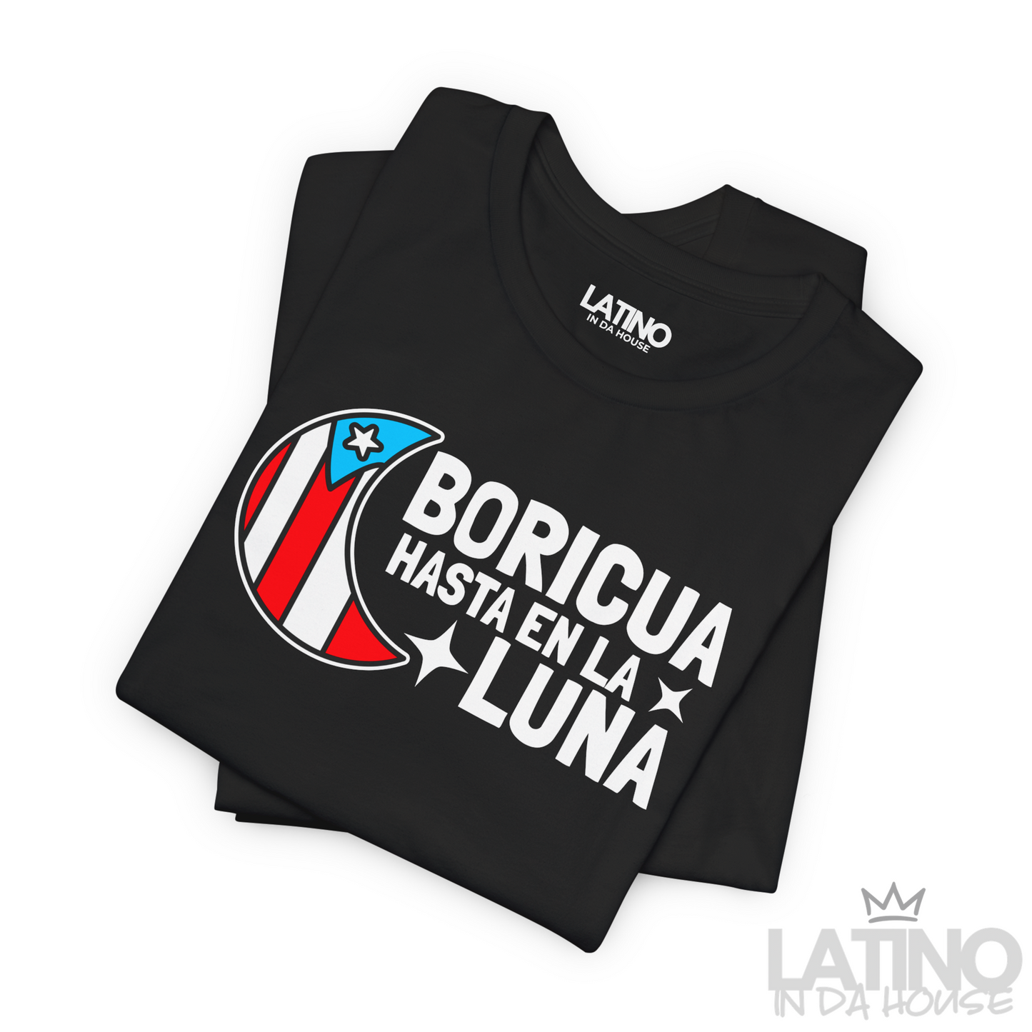 Folded Close-up of Boricua Hasta en la Luna moon graphic with Puerto Rican flag colors. Latino In Da House 