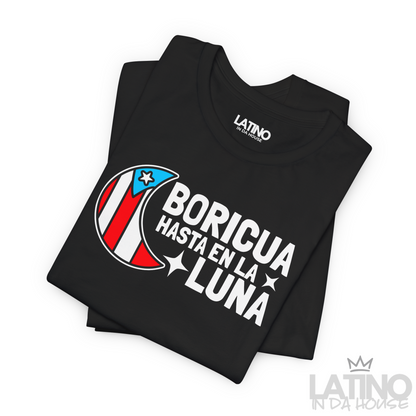 Folded Close-up of Boricua Hasta en la Luna moon graphic with Puerto Rican flag colors. Latino In Da House 