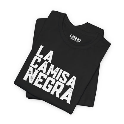 Folded La Camisa Negra Distressed T-Shirt in black with bold white lettering - Latino In Da House.