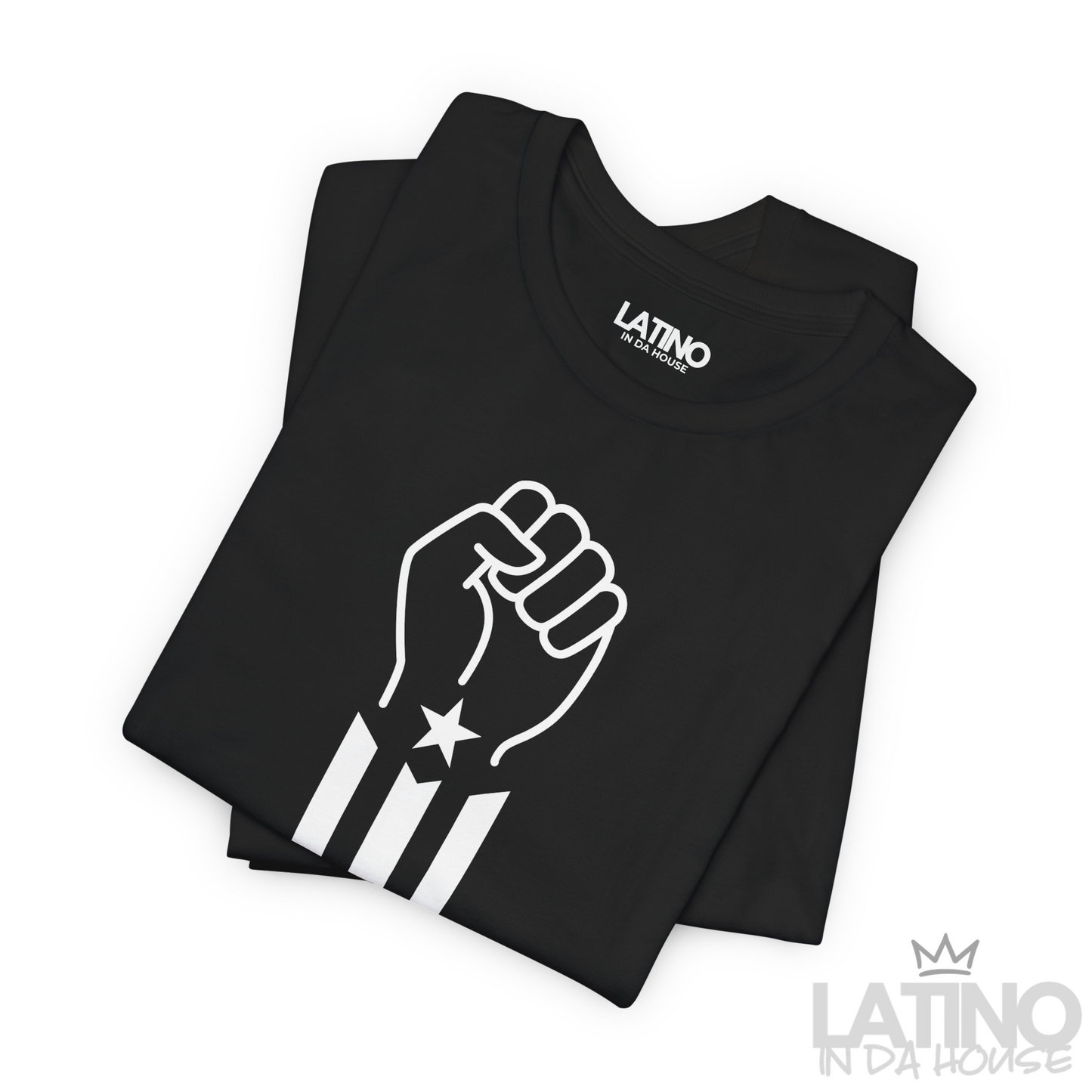 Folded of Pa’lante fist design with star and vertical flag stripes. Latino In Da House