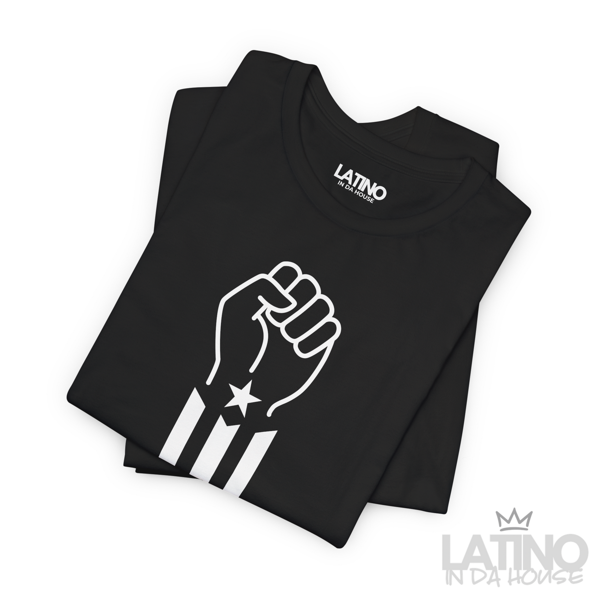Folded of Pa’lante fist design with star and vertical flag stripes. Latino In Da House