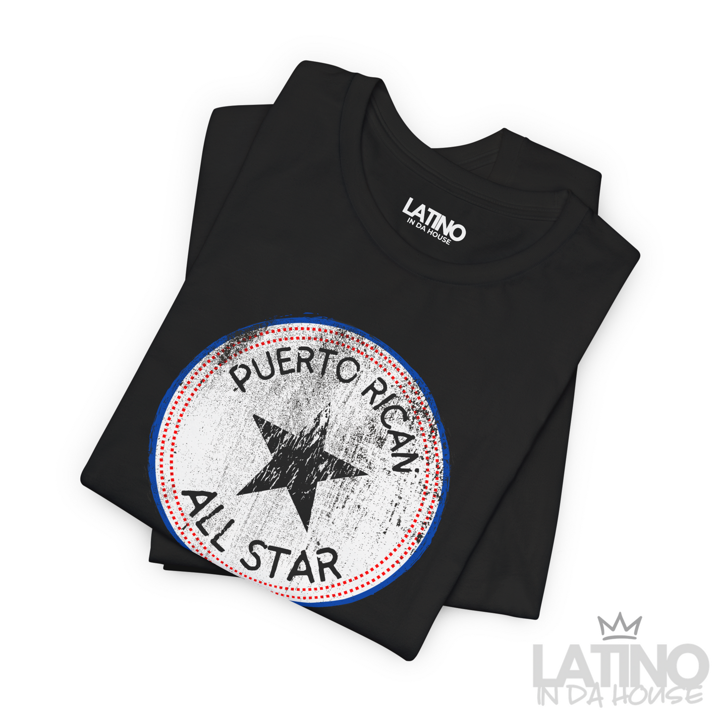 Folded Black ‘Puerto Rican All Star’ T-shirt with distressed round star emblem in red, white, and blue by Latino In Da House.