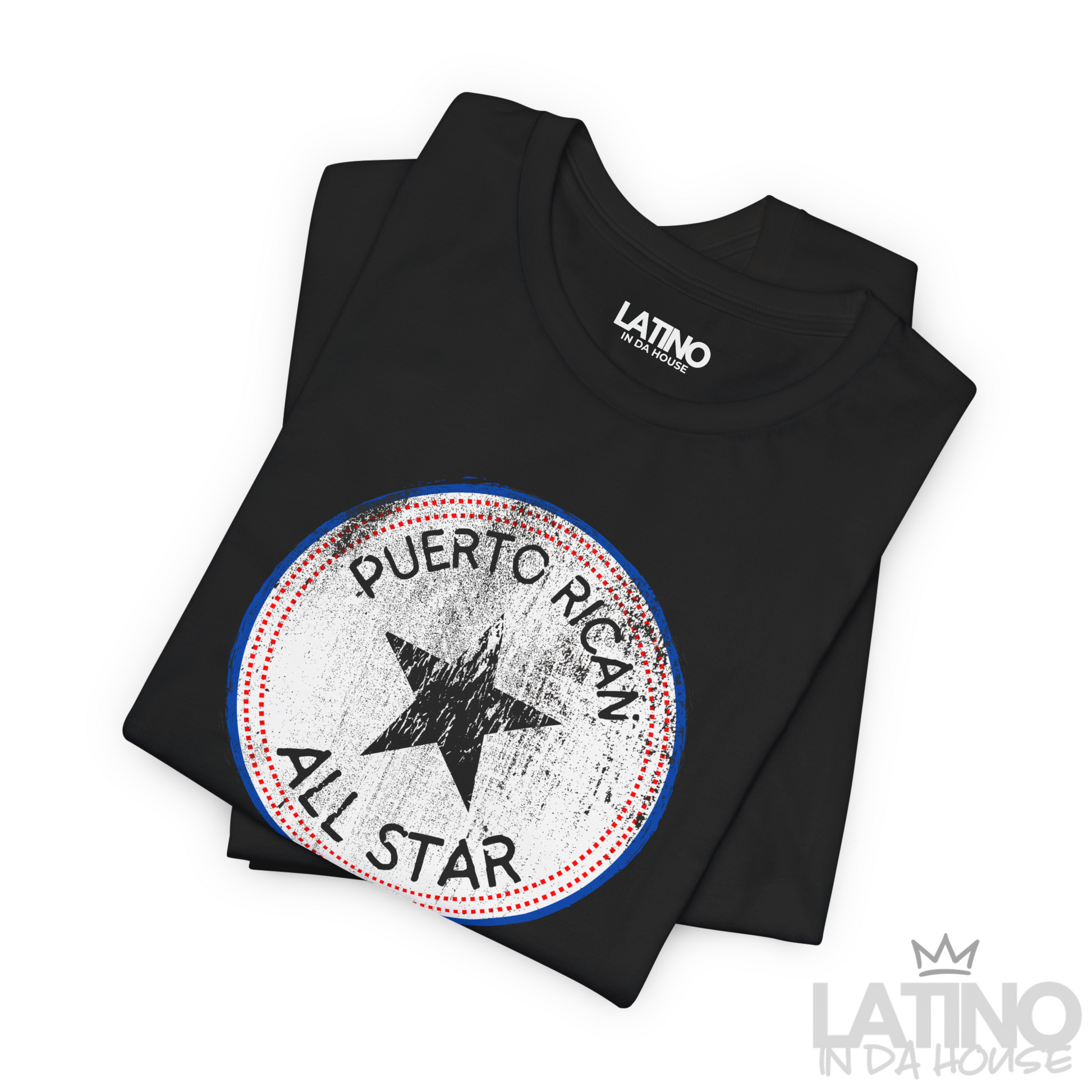 Folded Black ‘Puerto Rican All Star’ T-shirt with distressed round star emblem in red, white, and blue by Latino In Da House.