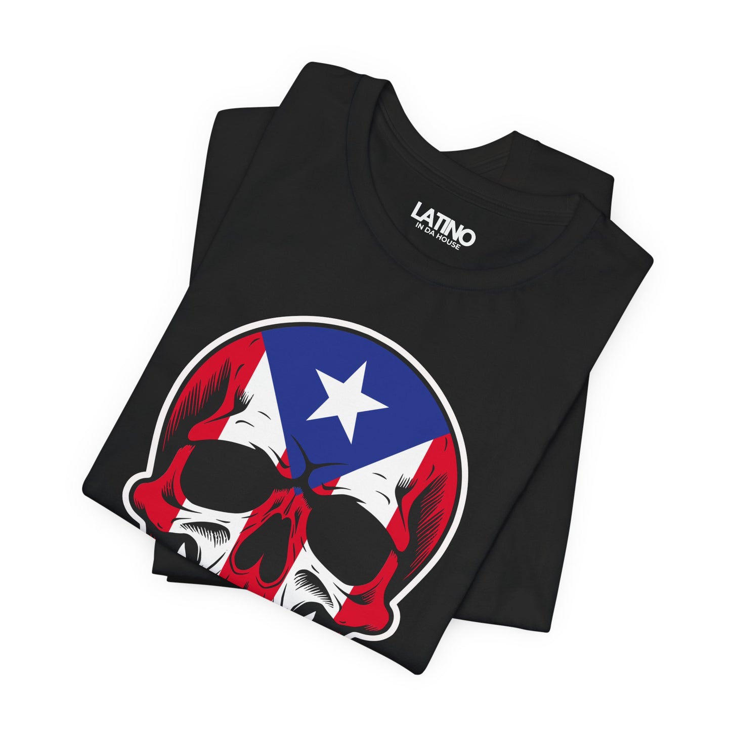 Folded Up Boricua Skull Flag Black T-Shirt. Latino In Da House