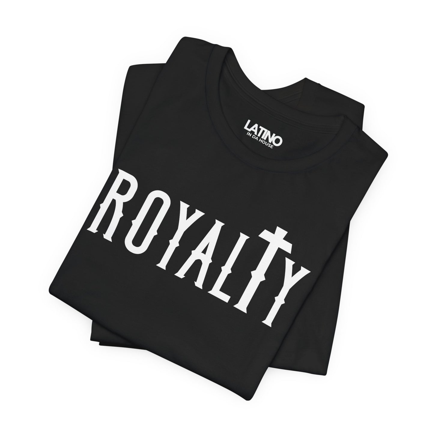 Folded Up Royalty Cross Faith black and white and black t-shirt. Latino In Da House 