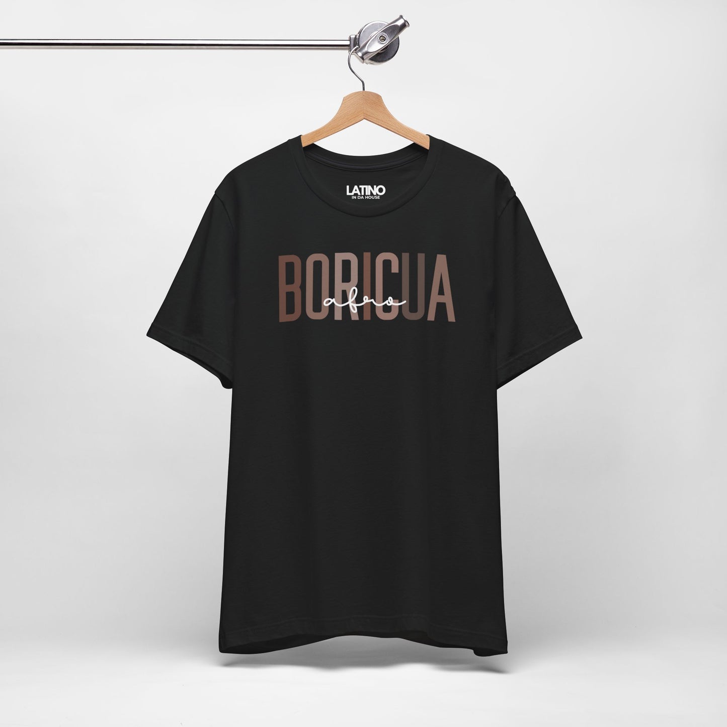 Hanged up Bold BORICUA black t-shirt, typography with a stylish “afro” script overlay. Latino In Da House
