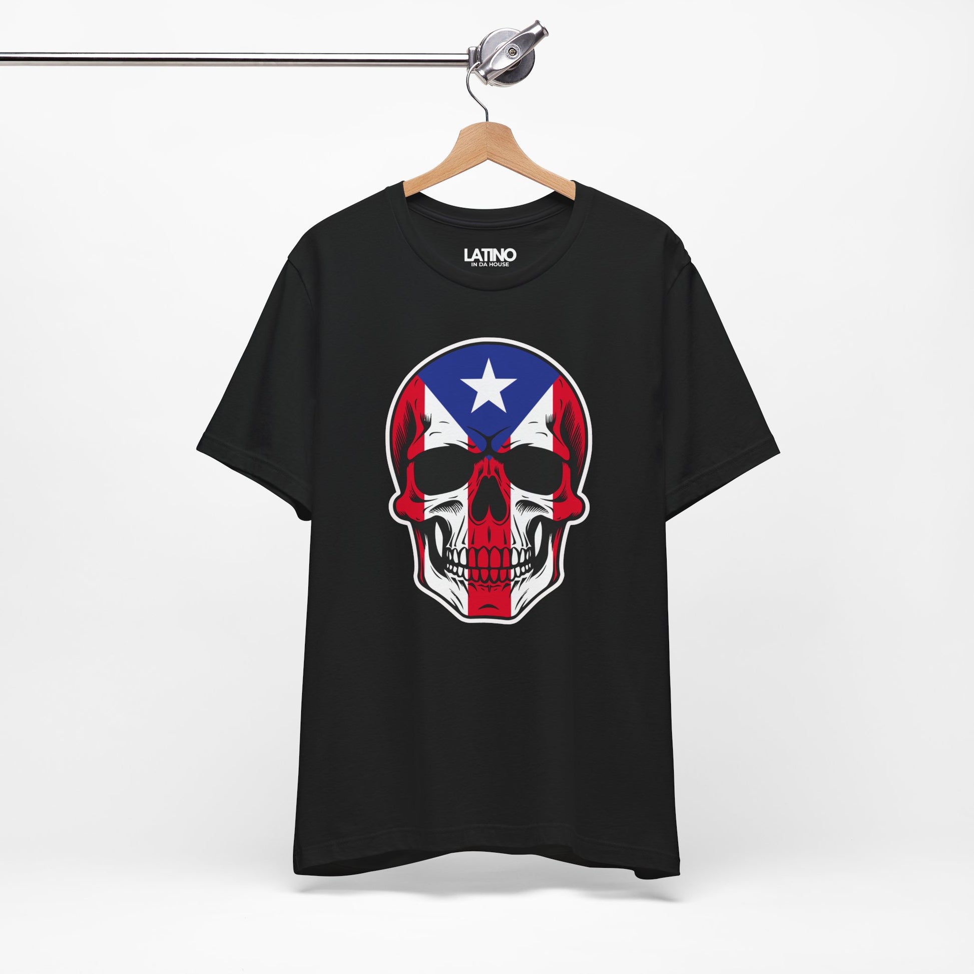 Hanged Up Boricua Skull Flag Black T-Shirt. Latino In Da House