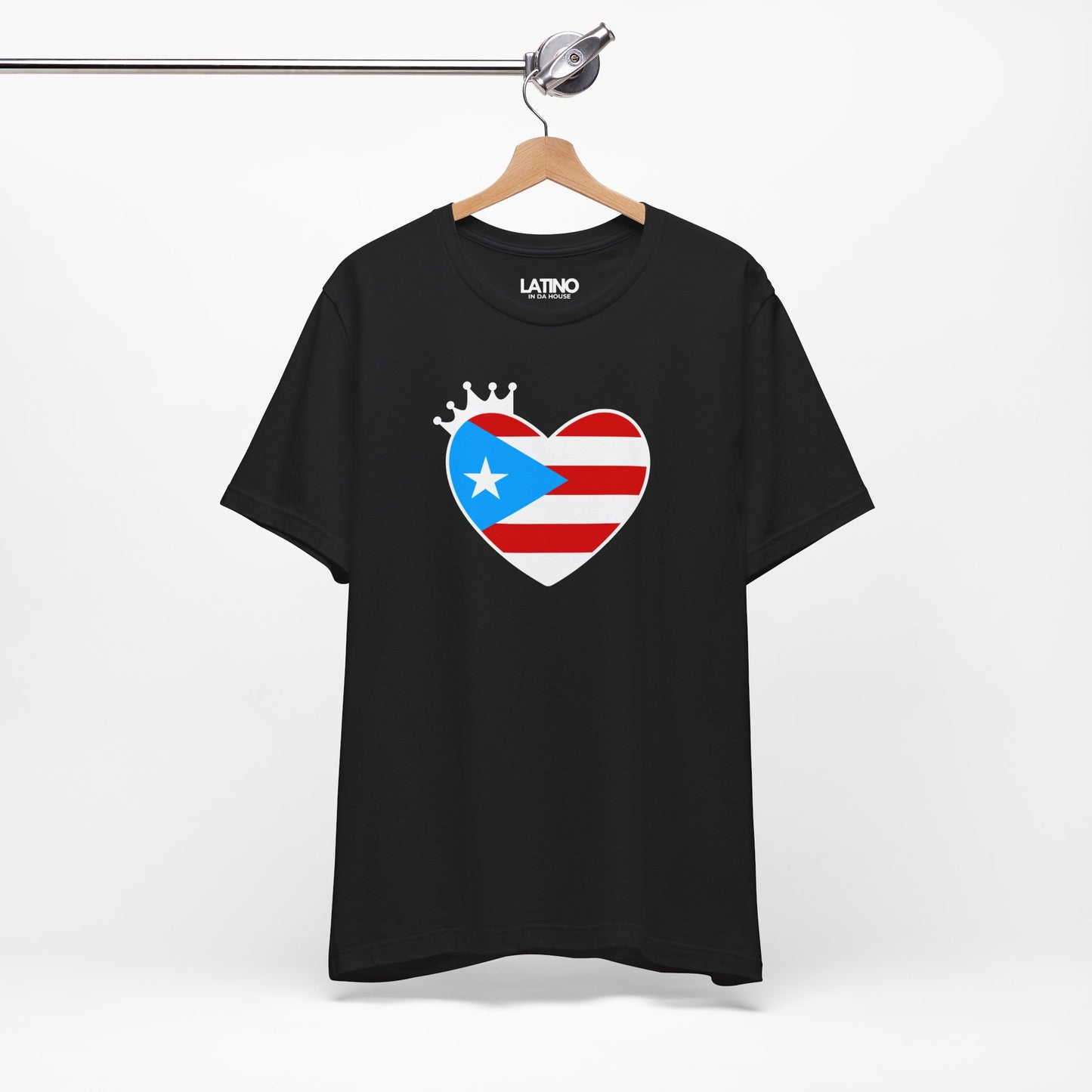 Hanged Up Boricua Heart Crown Black T-Shirt. Featuring the Puerto Rico flag inside a sweet heart with a little reina crown. Latino In Da House