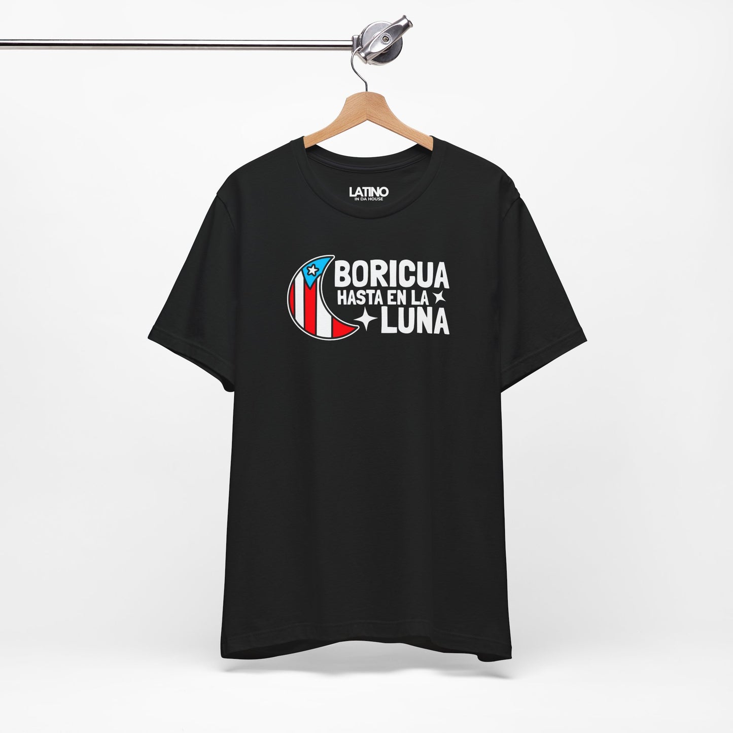 Hanger Mock Up of Boricua Hasta en la
Luna moon graphic with Puerto Rican flag colors. Latino In Da House