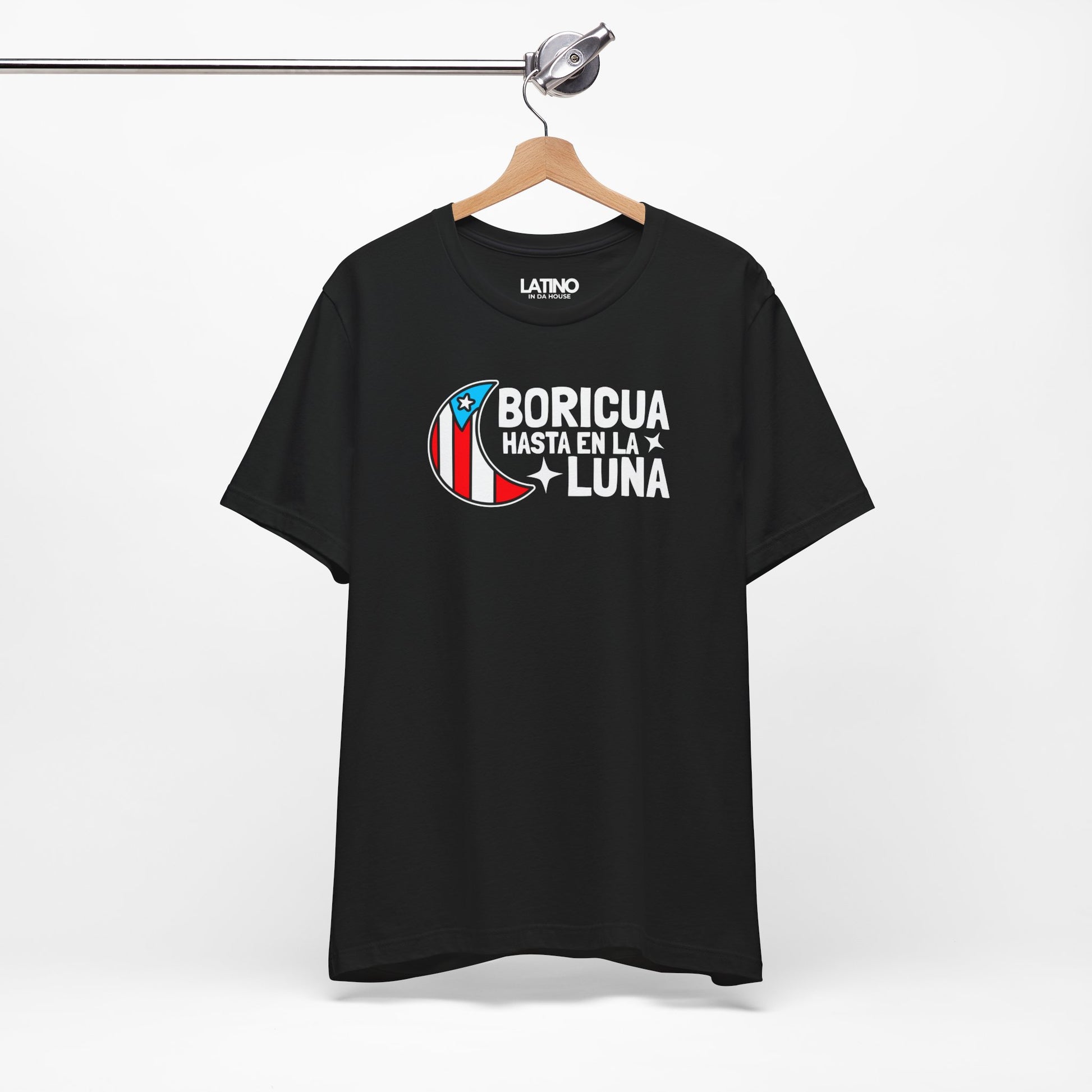 Hanger Mock Up of Boricua Hasta en la
Luna moon graphic with Puerto Rican flag colors. Latino In Da House