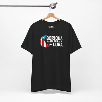 Hanger Mock Up of Boricua Hasta en la
Luna moon graphic with Puerto Rican flag colors. Latino In Da House