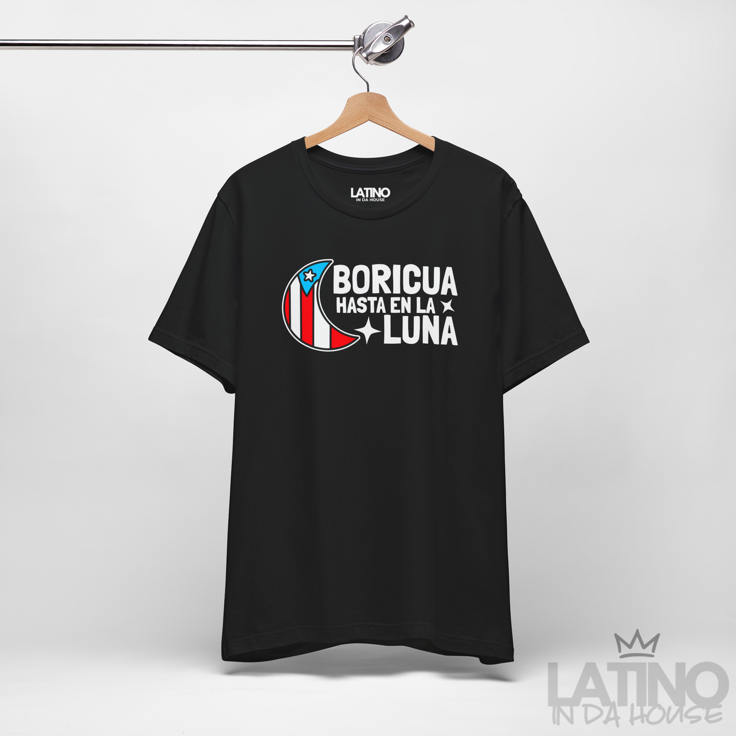 Hanger Mock Up of Boricua Hasta en la Luna moon graphic with Puerto Rican flag colors. Latino In Da House 