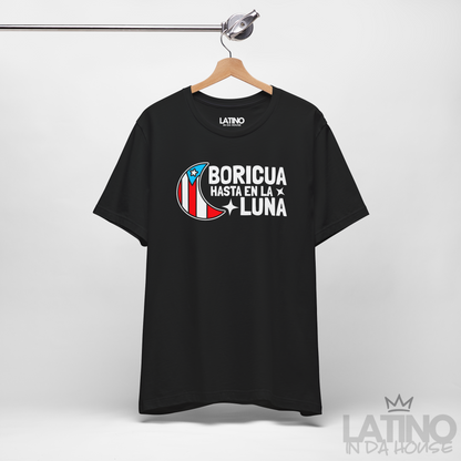 Hanger Mock Up of Boricua Hasta en la Luna moon graphic with Puerto Rican flag colors. Latino In Da House 