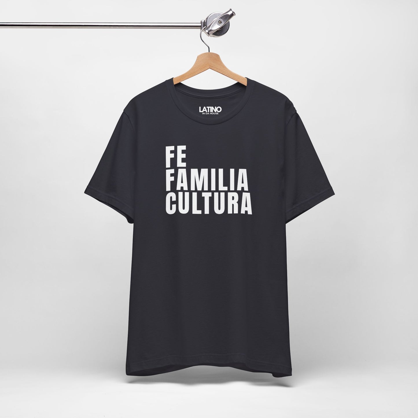 Hanger Dark Grey "Fe Familia Cultura" T-Shirt - Latino Faith & Cultura Tee. Latino In Da House