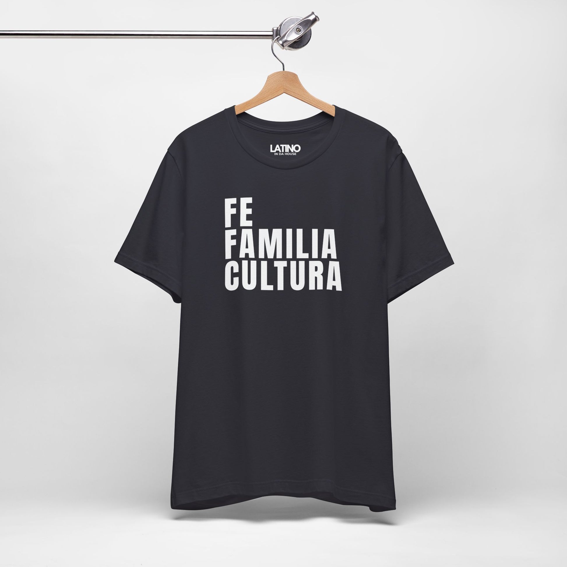 Hanger Dark Grey "Fe Familia Cultura" T-Shirt - Latino Faith & Cultura Tee. Latino In Da House