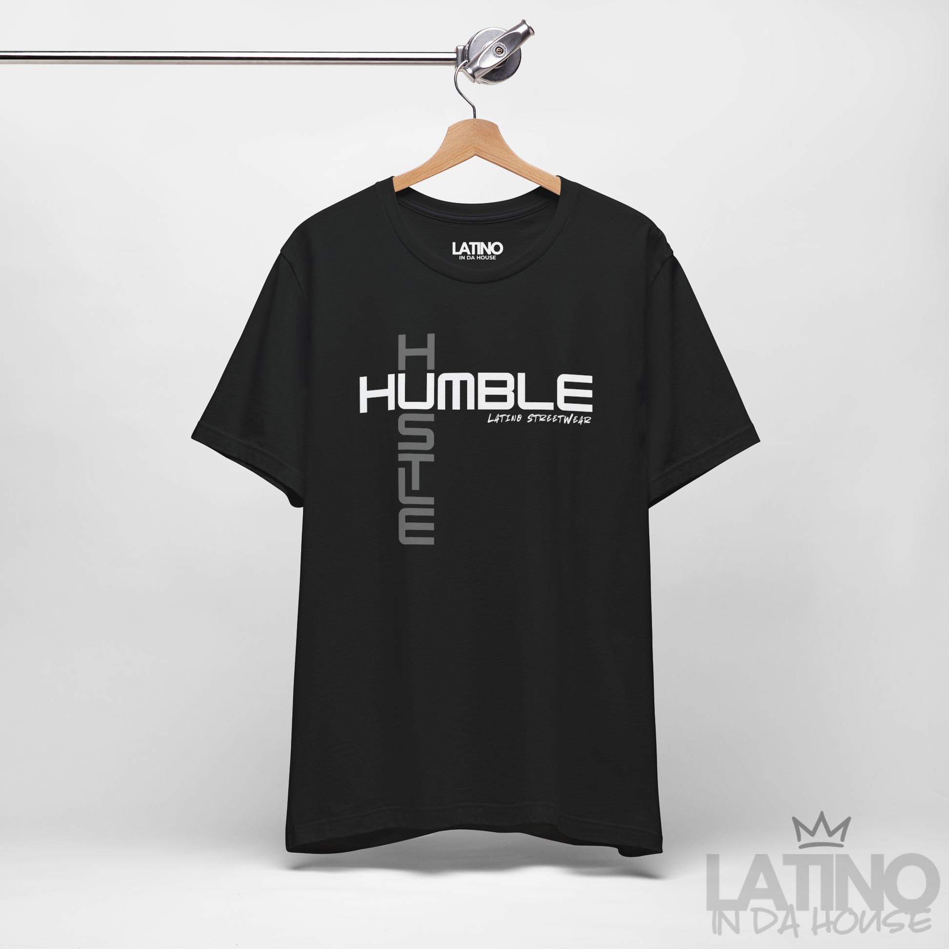 Hanger Black “HUMBLE HUSTLE” Tee – minimalist street style. Latino In Da House 