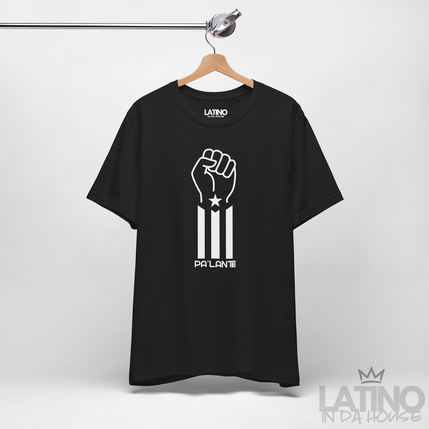 Hanger photo—Pa’lante black tee, fist Puerto Rico Flag. Latino In Da House 