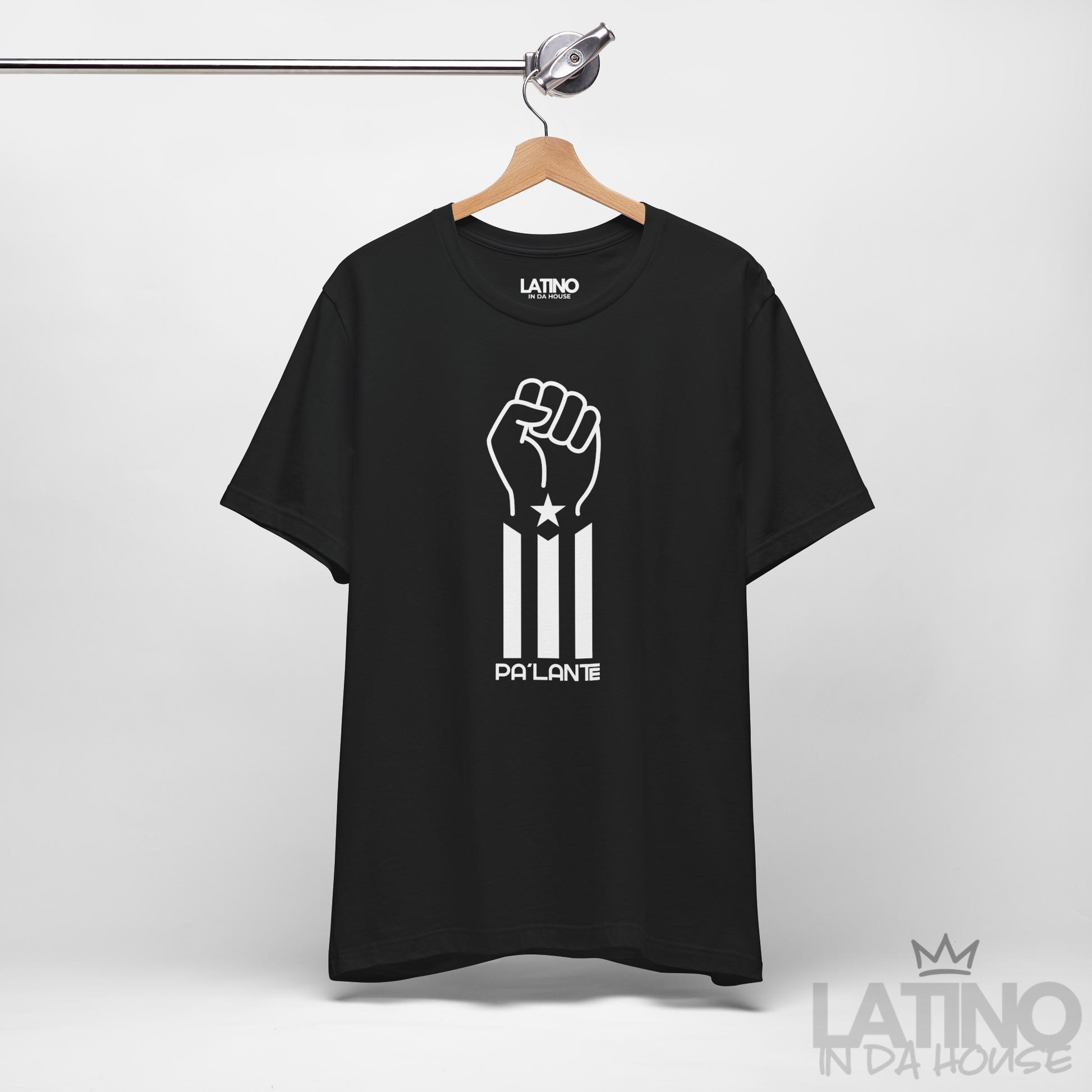 Hanger photo—Pa’lante black tee, fist Puerto Rico Flag. Latino In Da House 