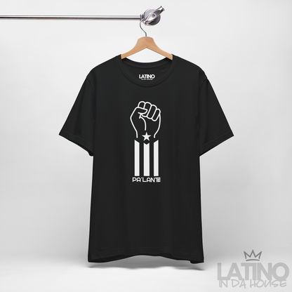 Hanger photo—Pa’lante black tee, fist Puerto Rico Flag. Latino In Da House 