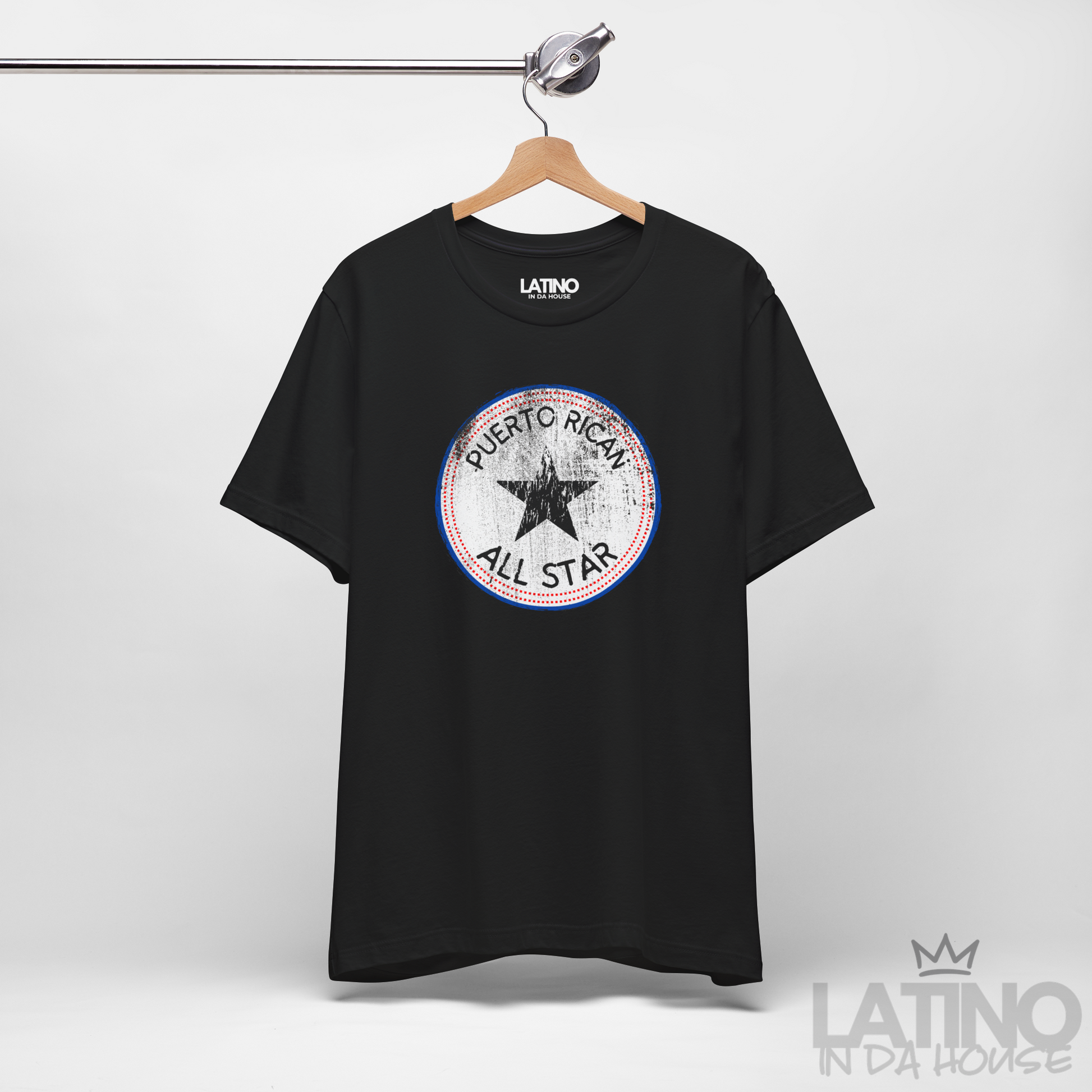 Hanger Black ‘Puerto Rican All Star’ T-shirt with distressed round star emblem in red, white, and blue by Latino In Da House.