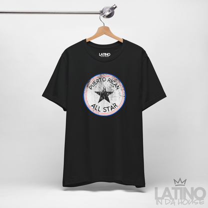 Hanger Black ‘Puerto Rican All Star’ T-shirt with distressed round star emblem in red, white, and blue by Latino In Da House.