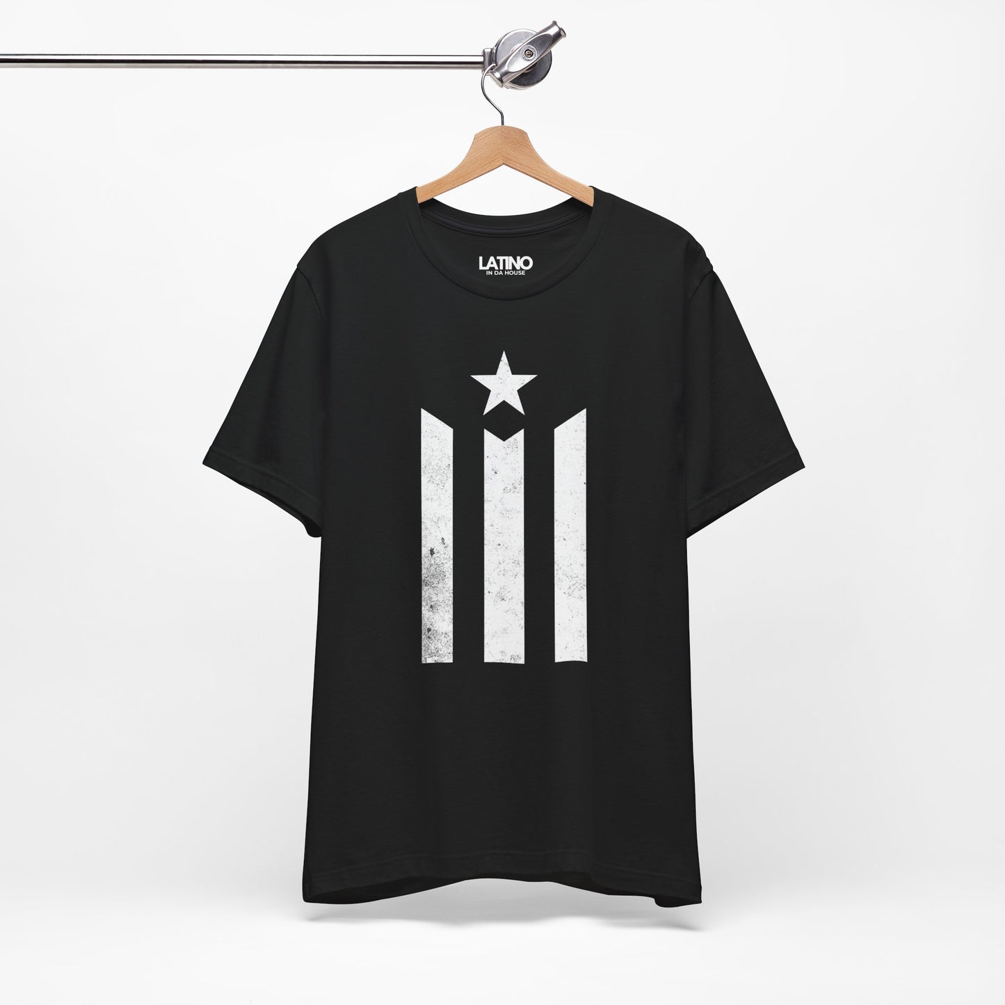 Hanger La Estrella Boricua T-Shirt in Black
- distressed PR stripes and star front graphic. Latino In Da House
