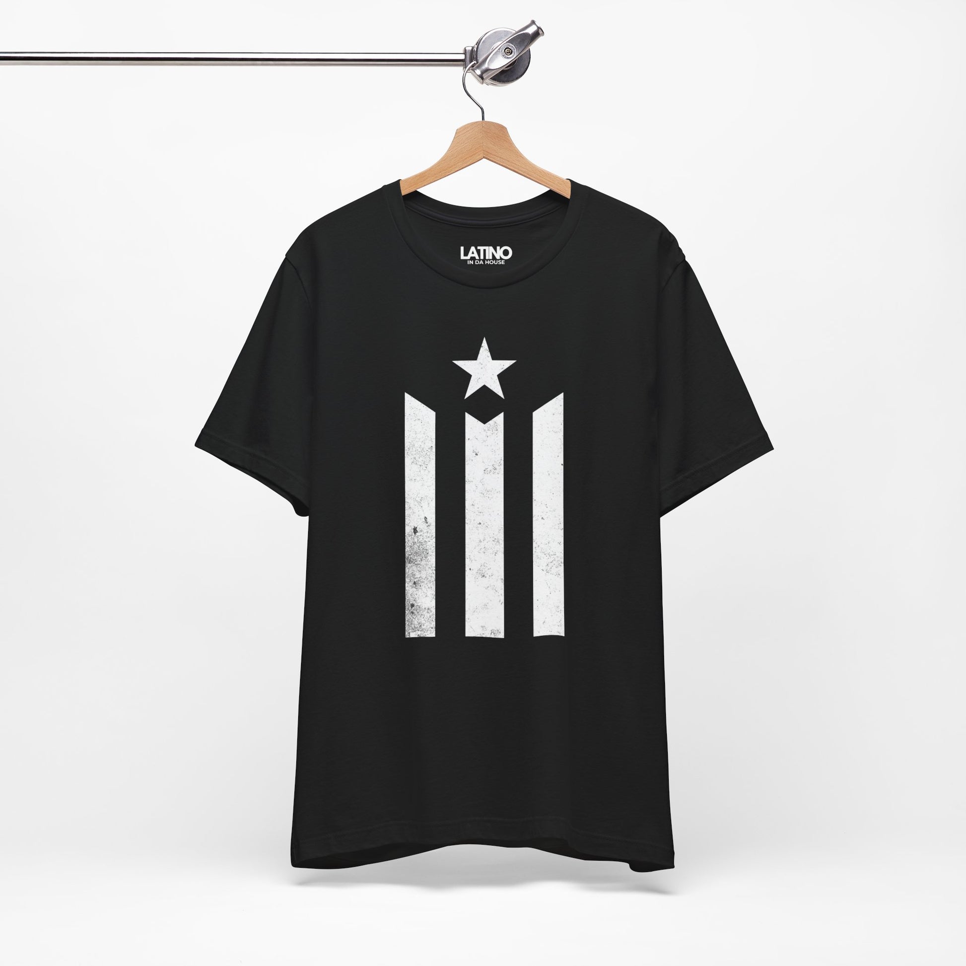 Hanger La Estrella Boricua T-Shirt in Black
- distressed PR stripes and star front graphic. Latino In Da House