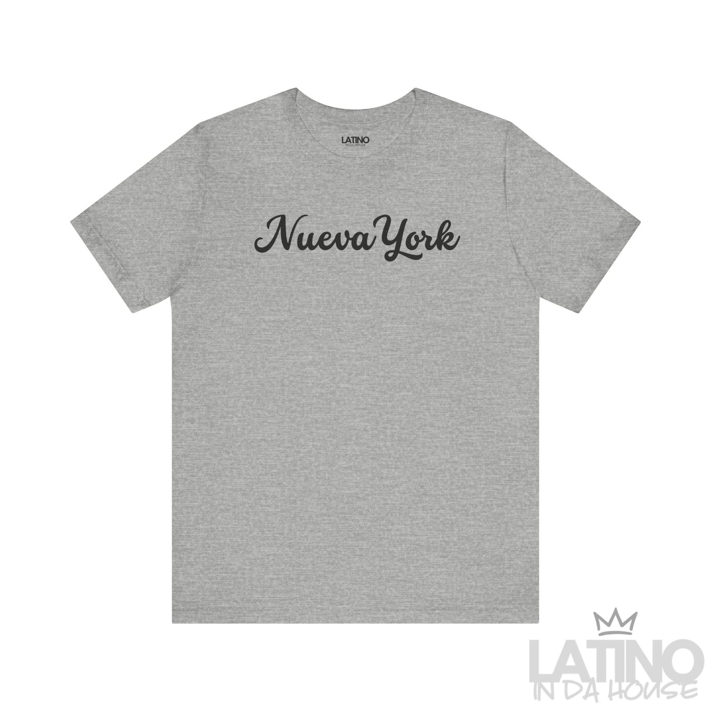 Heather grey Nueva York T-shirt with black text, soft cotton Latino streetwear. Latino In Da House 