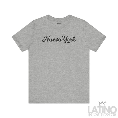 Heather grey Nueva York T-shirt with black text, soft cotton Latino streetwear. Latino In Da House 