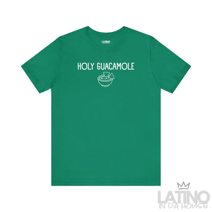 Holy Guacamole T-Shirt in green with white text and chip bowl graphic — Latino humor shirt. Latino In Da House 