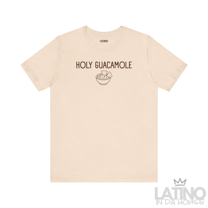 Holy Guacamole T-Shirt in soft cream with brown text and chip bowl graphic — Latino humor shirt. Latino In Da House 