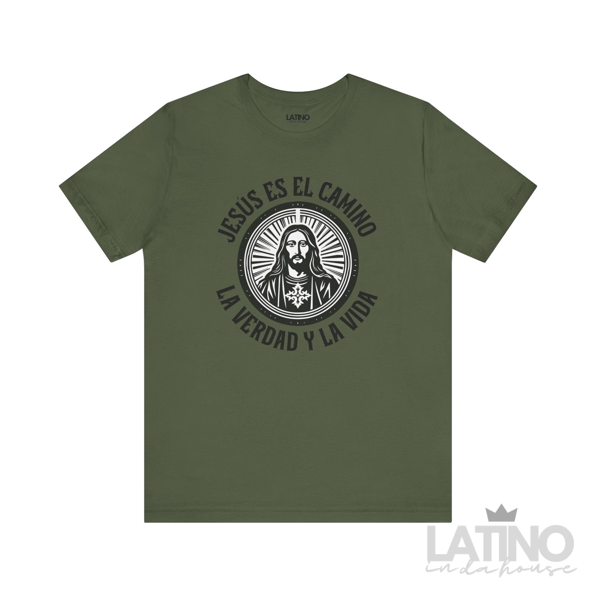 Jesús Es El Camino La Verdad y La Vida Faith T-Shirt in military green with Jesus graphic – Latino In Da House