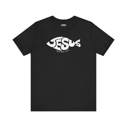 Jesús Fish Mateo 4:19 black t-shirt. Latino In Da House