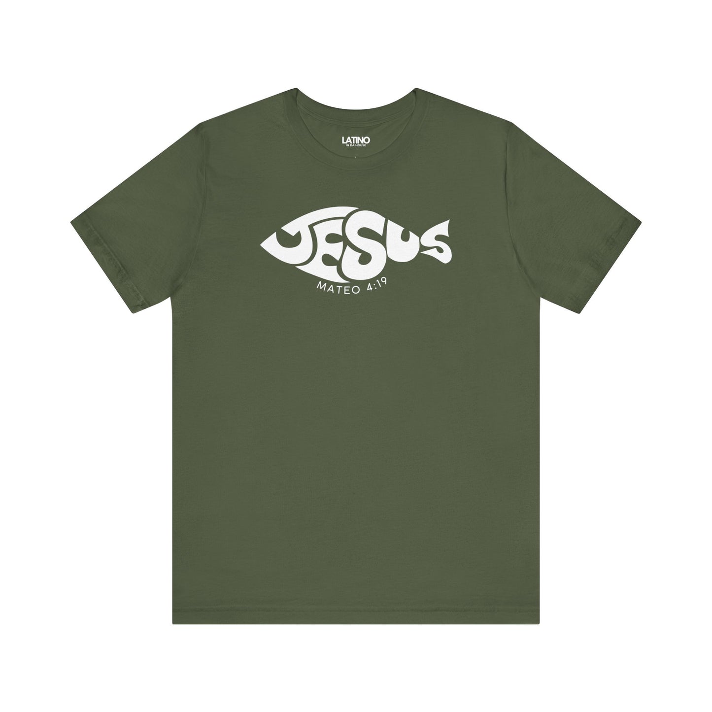 Jesús Fish Mateo 4:19 green t-shirt. Latino In Da House