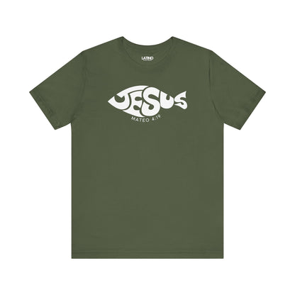 Jesús Fish Mateo 4:19 green t-shirt. Latino In Da House