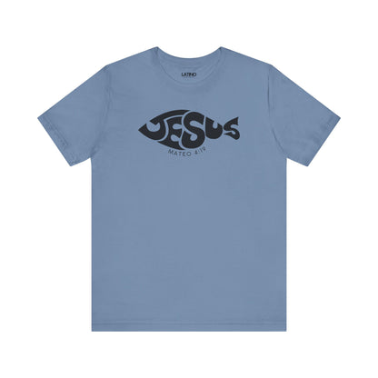 Jesús Fish Mateo 4:19 steel blue t-shirt. Latino In Da House