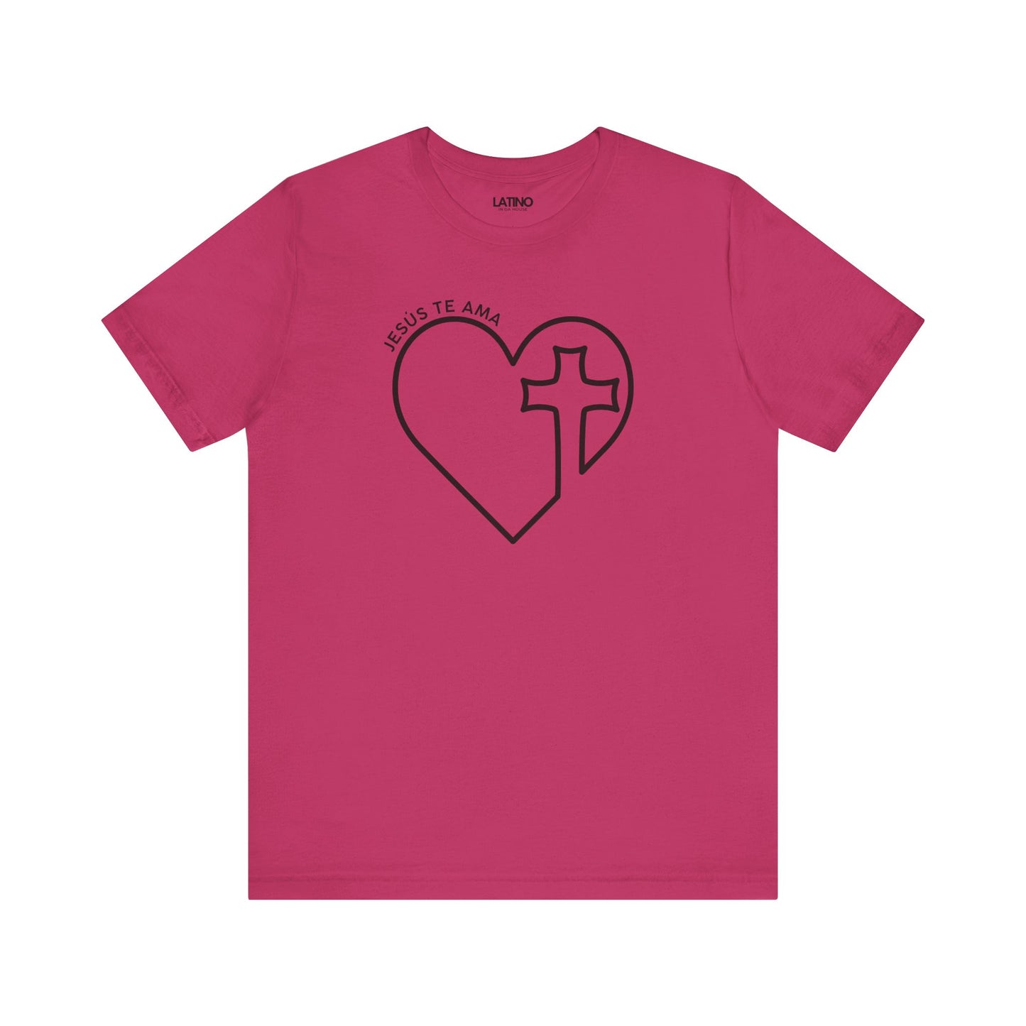 Jesus Te AMA heart cross berry hot pink t-shirt. Latino In Da House