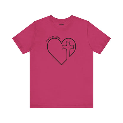 Jesus Te AMA heart cross berry hot pink t-shirt. Latino In Da House